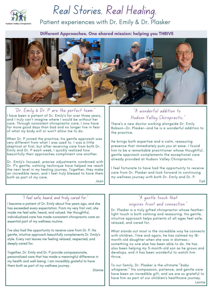Patient Testimonials for Dr. Emily Bobson and Dr. Plasker at Hudson Valley Chiropractic